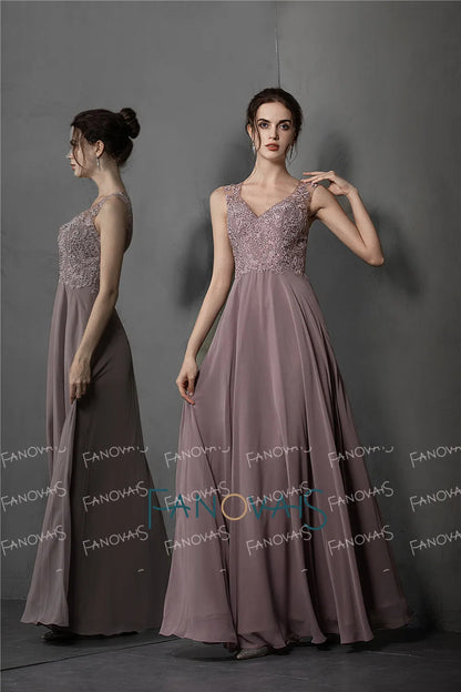 Evening Dress Long A-Line V-Neck Prom Dress Beaded Lace Formal Dress Evening Party Vestido de Festa de Noche Floor Length